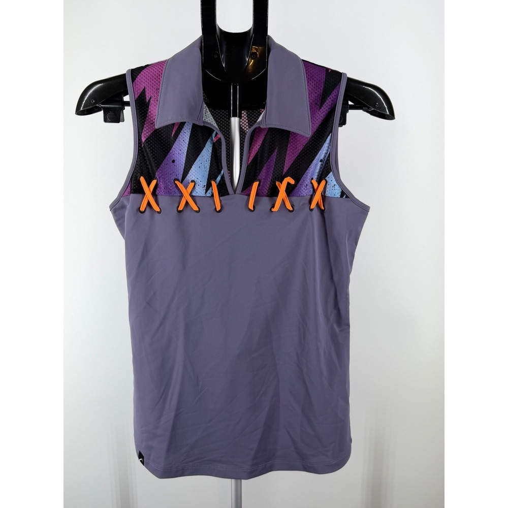 SwingDish Womens Purple Sleeveless Golf Polo Shirt Lace Up Mesh Geometric Small